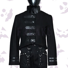 Goth Women Military Officer Black Wool Jacket with a leather collar, buttoned tabs, and cuff bands