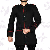 Gothic army officers black cotton jacket with red contrast piping, silver buttons, and pockets
