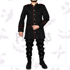 Gothic army officers black cotton jacket with red contrast piping, silver buttons, and pockets