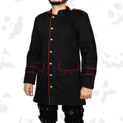 Gothic army officers black cotton jacket with red contrast piping, silver buttons, and pockets