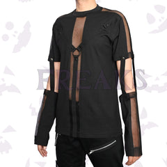 black gothic shirt with sheer mesh, shoulder and straps
