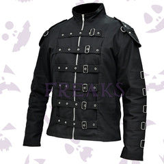 Black gothic jacket with a full zipper, numerous buckle straps, metal eyelets, and strapped shoulders.