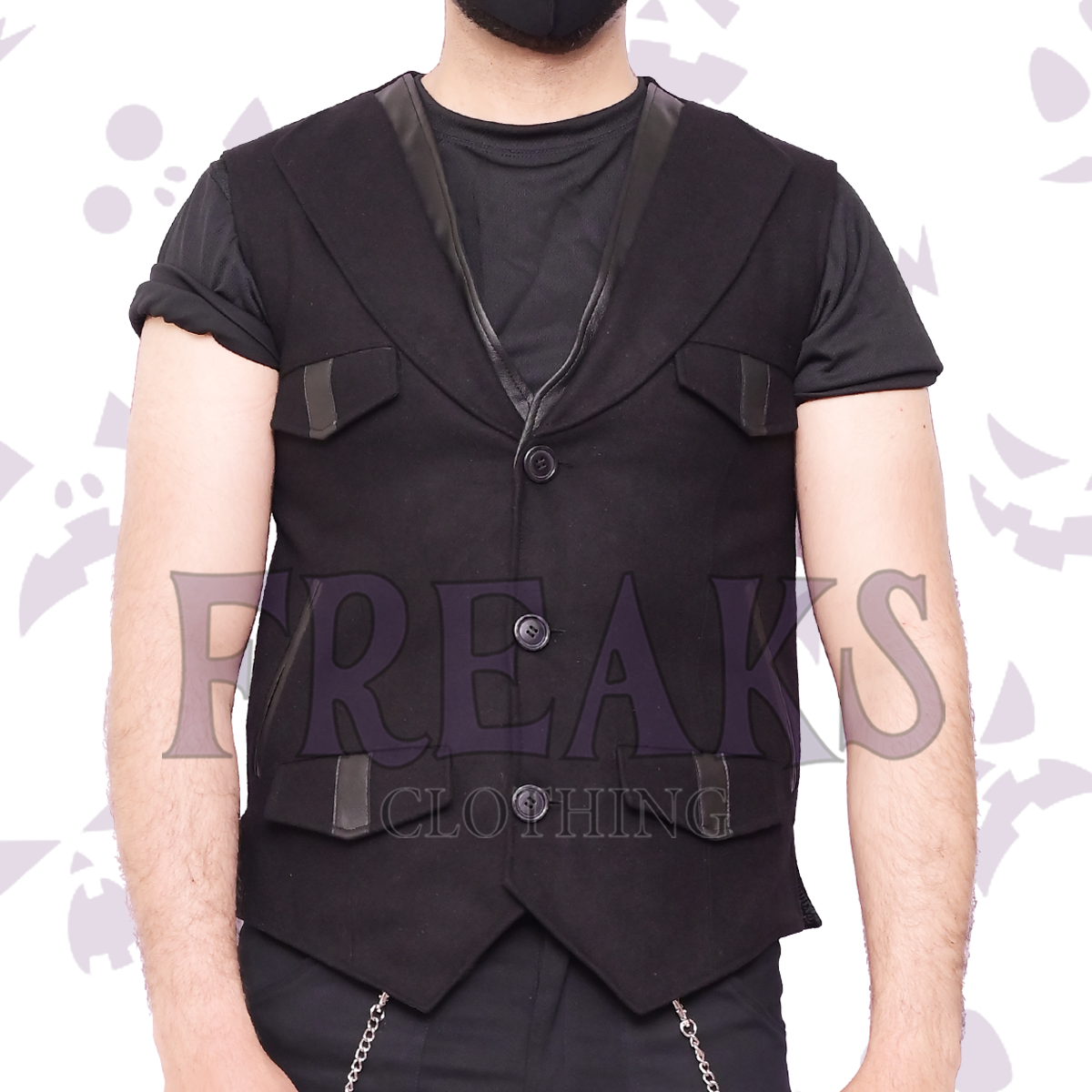 Black gothic vest with leather lapels, pocket flaps, and front button closure.