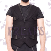 Black gothic vest with leather lapels, pocket flaps, and front button closure.
