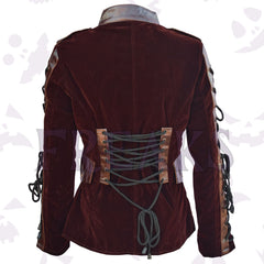 velvet gothic military blazer for women with a PU leather front, brass buttons, and sleeve and back lacing details.
