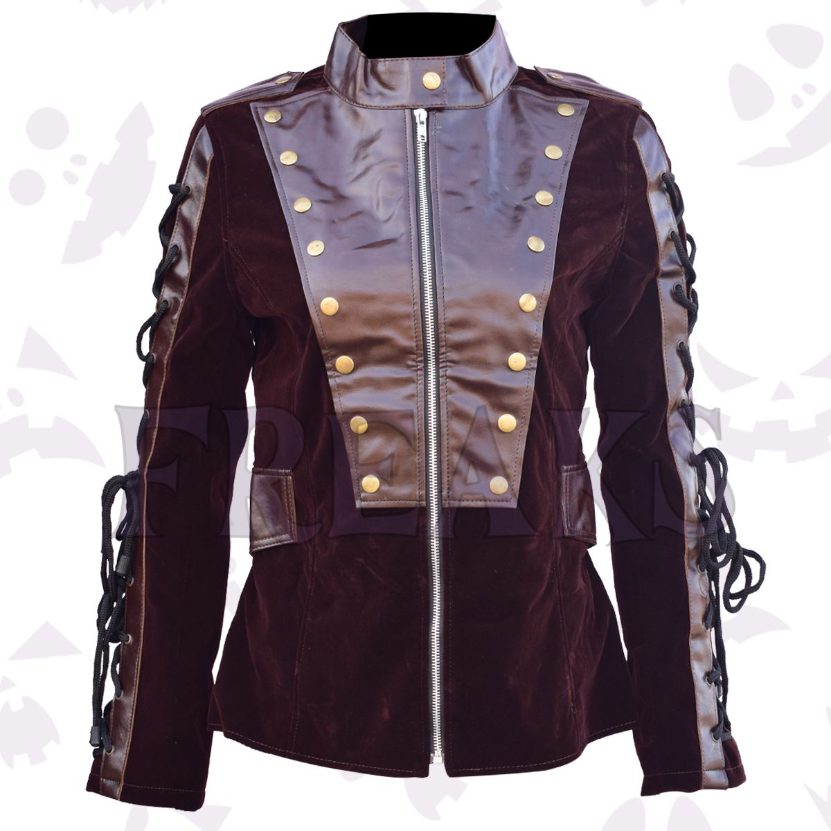 brown velvet gothic military women blazer with PU leather front, brass buttons, and sleeve lacing.
