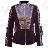 brown velvet gothic military women blazer with PU leather front, brass buttons, and sleeve lacing.