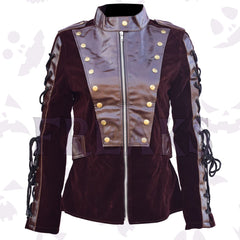 brown velvet gothic military women blazer with PU leather front, brass buttons, and sleeve lacing.