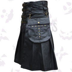 Gothic Real Leather Utility Kilt with multiple buckle straps and a detachable utility pouch