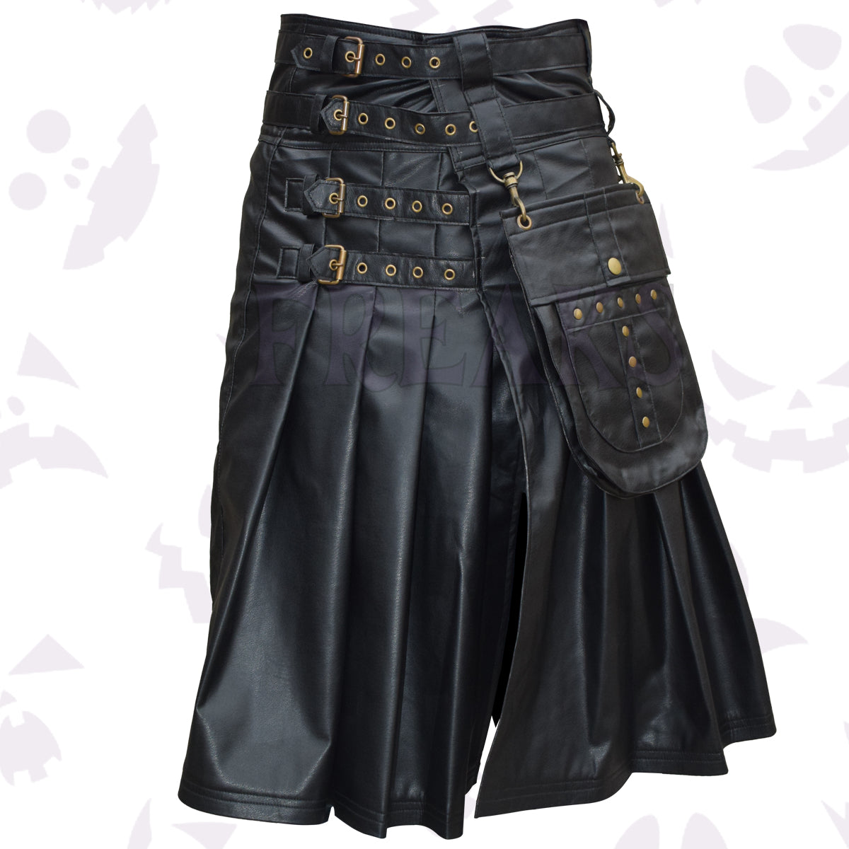 Gothic Real Leather Utility Kilt with multiple buckle straps and a detachable utility pouch