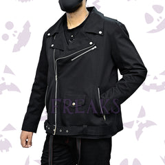 Gothic Rebel Biker Jacket Men with an asymmetrical zipper, notched lapels, and a belted waist