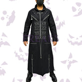 Black gothic long coat with a full zipper, silver studs, safety pins, and diagonal zippers
