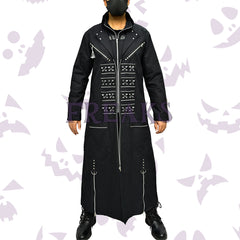 Black gothic long coat with a full zipper, silver studs, safety pins, and diagonal zippers