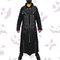 Black gothic long coat with a full zipper, silver studs, safety pins, and diagonal zippers