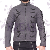 Grey Iron Chain industrial jacket with a full zipper, black chains on the chest, and lace-up sleeves