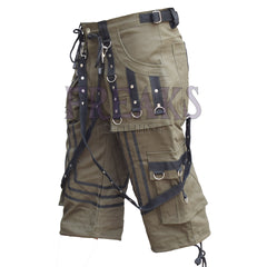 Khaki cyber cargo shorts with black straps, metal D-rings, and contrasting vertical panels