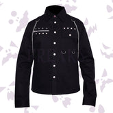 Black goth button-up shirt with long sleeves, silver chains, pyramid studs, and zippers