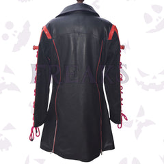 Men's Mello-inspired gothic coat: black with contrasting red accents, straps, and buckles