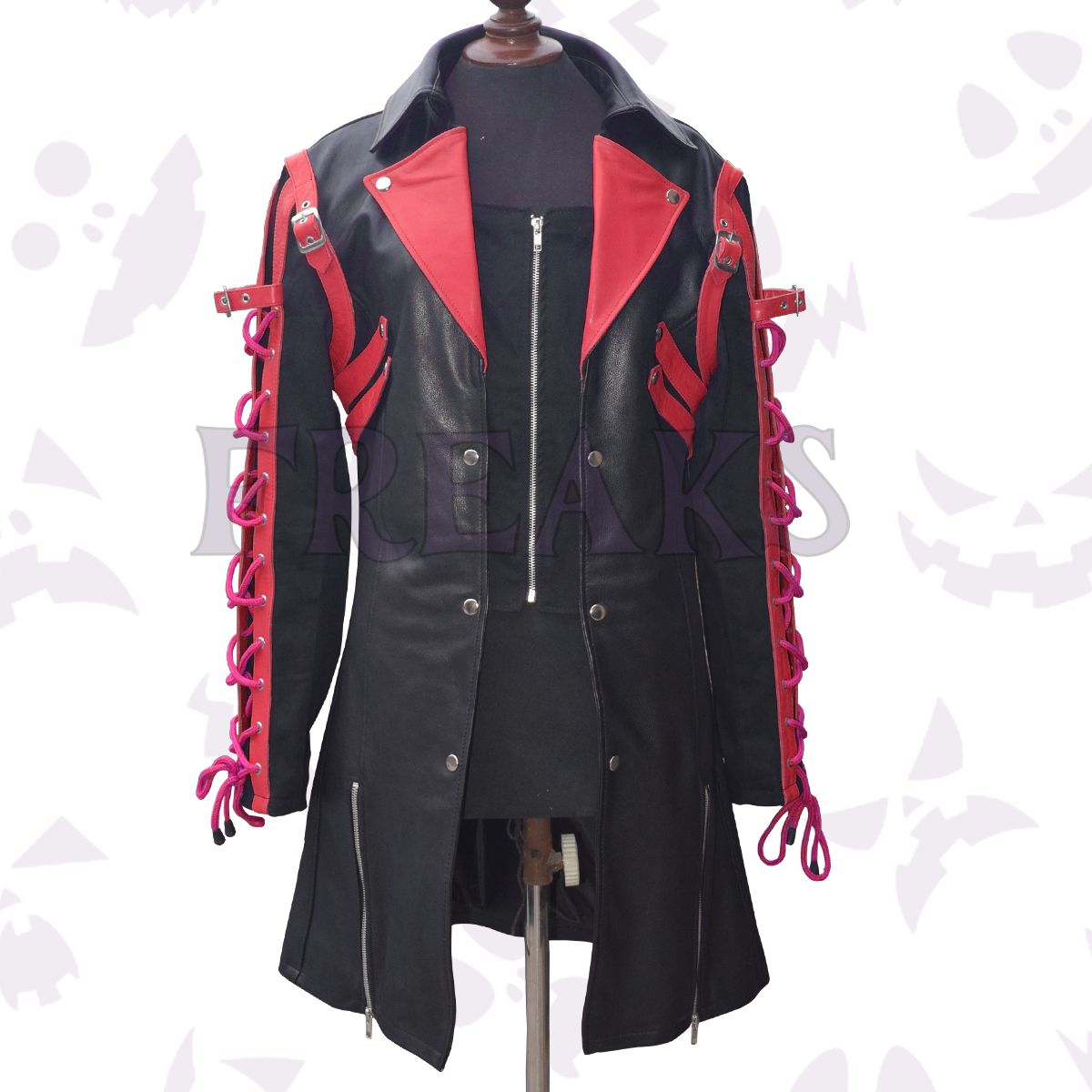 Men's Mello-inspired gothic coat: black with contrasting red accents, straps, and buckles