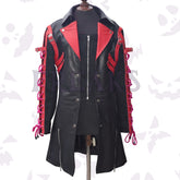 Men's Mello-inspired gothic coat: black with contrasting red accents, straps, and buckles