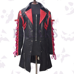 Men's Mello-inspired gothic coat: black with contrasting red accents, straps, and buckles