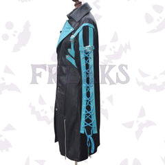 Men's Mello-inspired gothic coat: black with contrasting sky blue accents, straps, and buckles