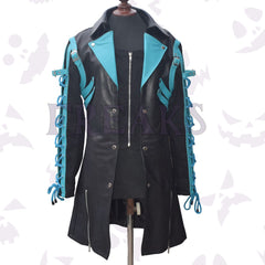 Men's Mello-inspired gothic coat: black with contrasting sky blue accents, straps, and buckles