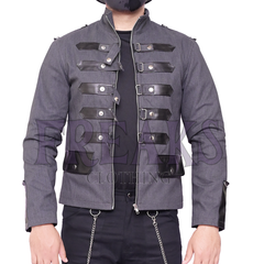 Men's military-style alternative jacket: grey, with front zipper and straps