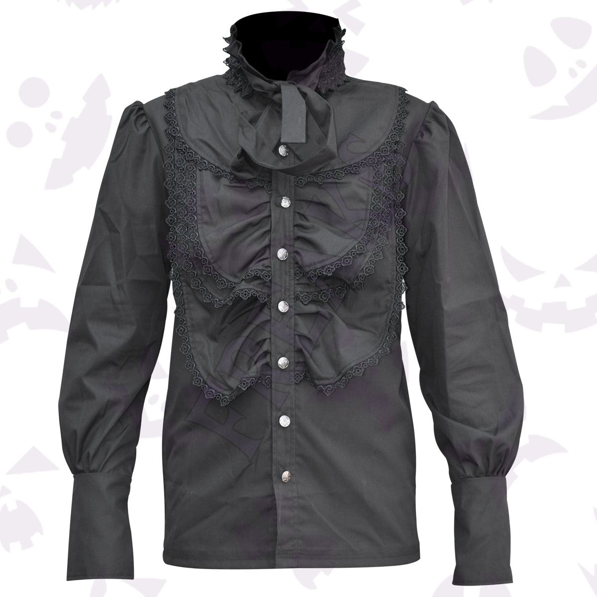 Men's black Victorian gothic shirt with a ruffled collar, lace trim, and frilled chest
