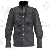 Men's black Victorian gothic shirt with a ruffled collar, lace trim, and frilled chest
