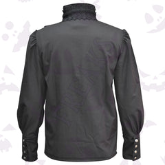 Men's black Victorian gothic shirt with a ruffled collar, lace trim, and frilled chest