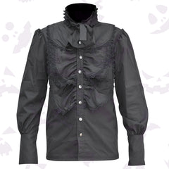 Men's black Victorian gothic shirt with a ruffled collar, lace trim, and frilled chest