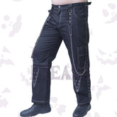 Men's gothic cargo pants with metallic studs, chain accents, and white contrast stitching.