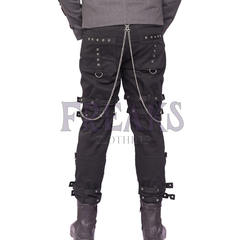 Back view of Men's black gothic pants with cross-knee straps and side lace-up detailing.