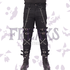 Men's black gothic cross zip pants with straps and side lace-up detailing.