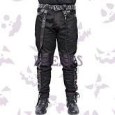 Men's black gothic punk pants with red contrast stitching and side lace-up details.