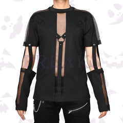Men's industrial alternative top black with sheer mesh, shoulder straps,