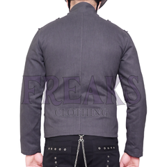 Grey gothic jacket with faux leather horizontal straps, silver snap buttons