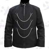 Men's gothic night fall shirt: black, with a mandarin collar and prominent chains