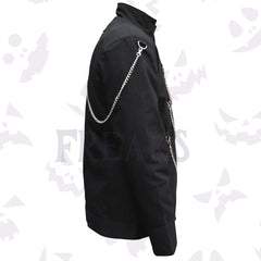 Black long-sleeve shirt with a full zipper, metal D-rings, and draped silver chains