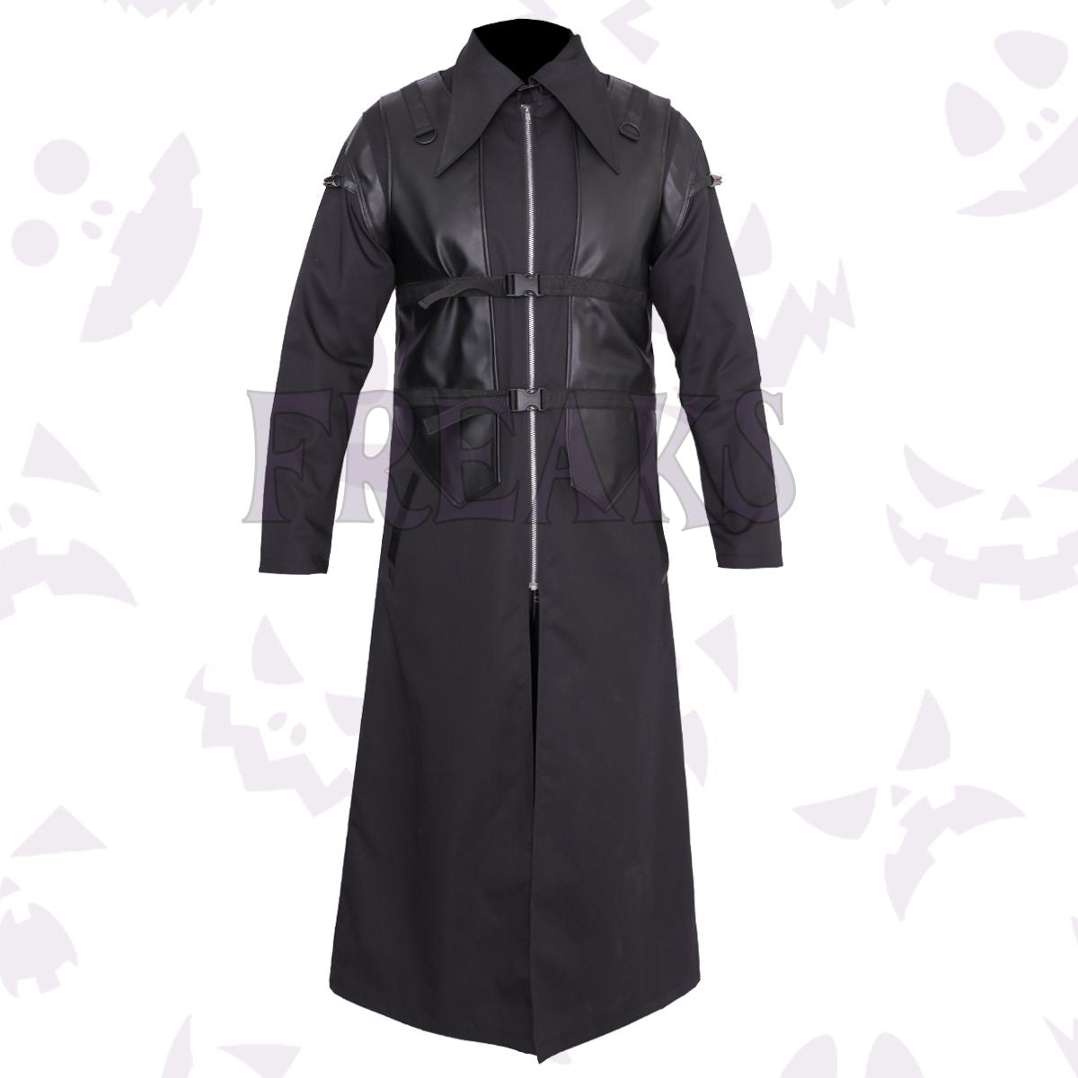 Black gothic long coat with faux leather chest panel, buckle straps, and a full zipper