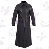Black gothic long coat with faux leather chest panel, buckle straps, and a full zipper