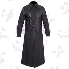 Black gothic long coat with faux leather chest panel, buckle straps, and a full zipper