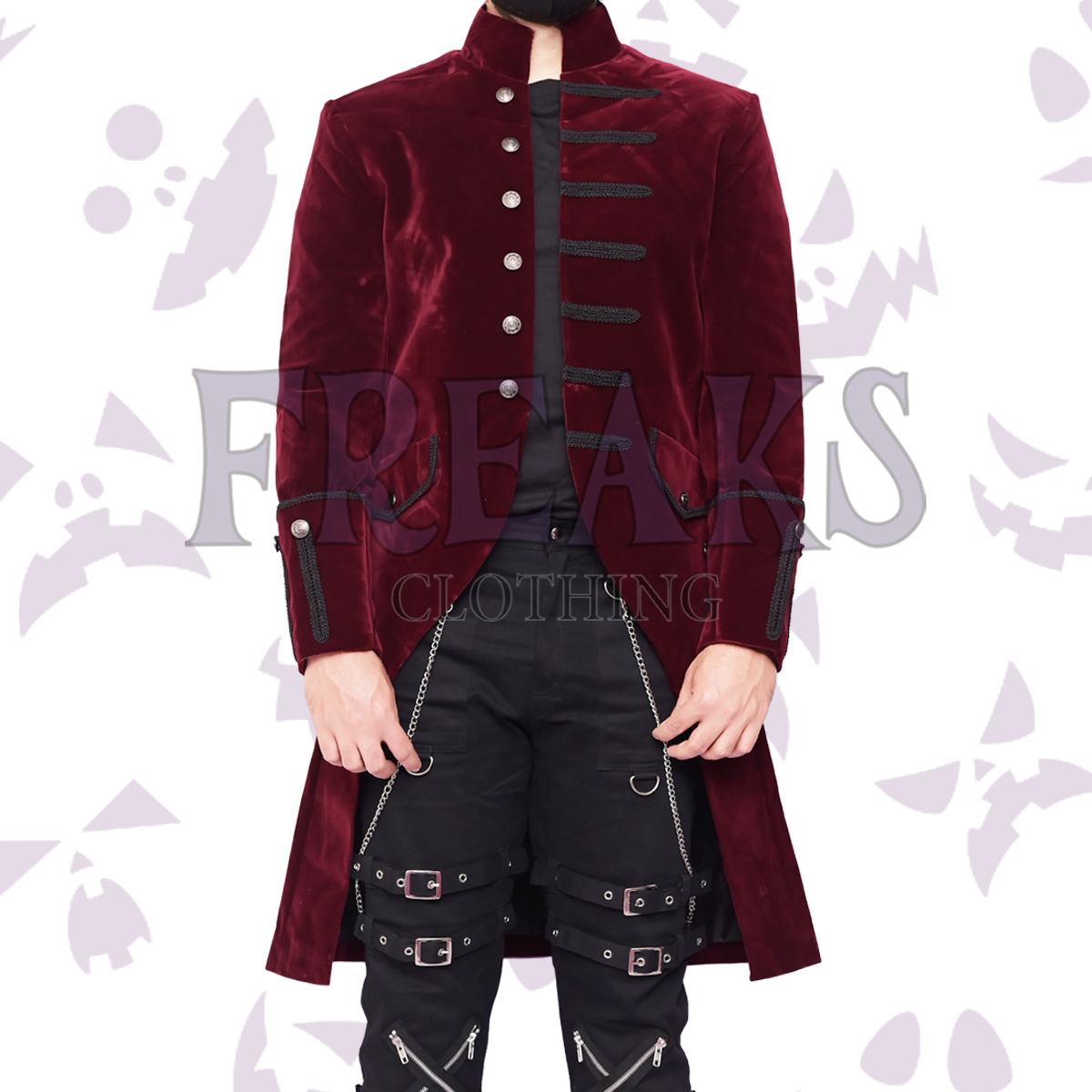 Red velvet gothic wedding coat with a high collar, antique silver buttons