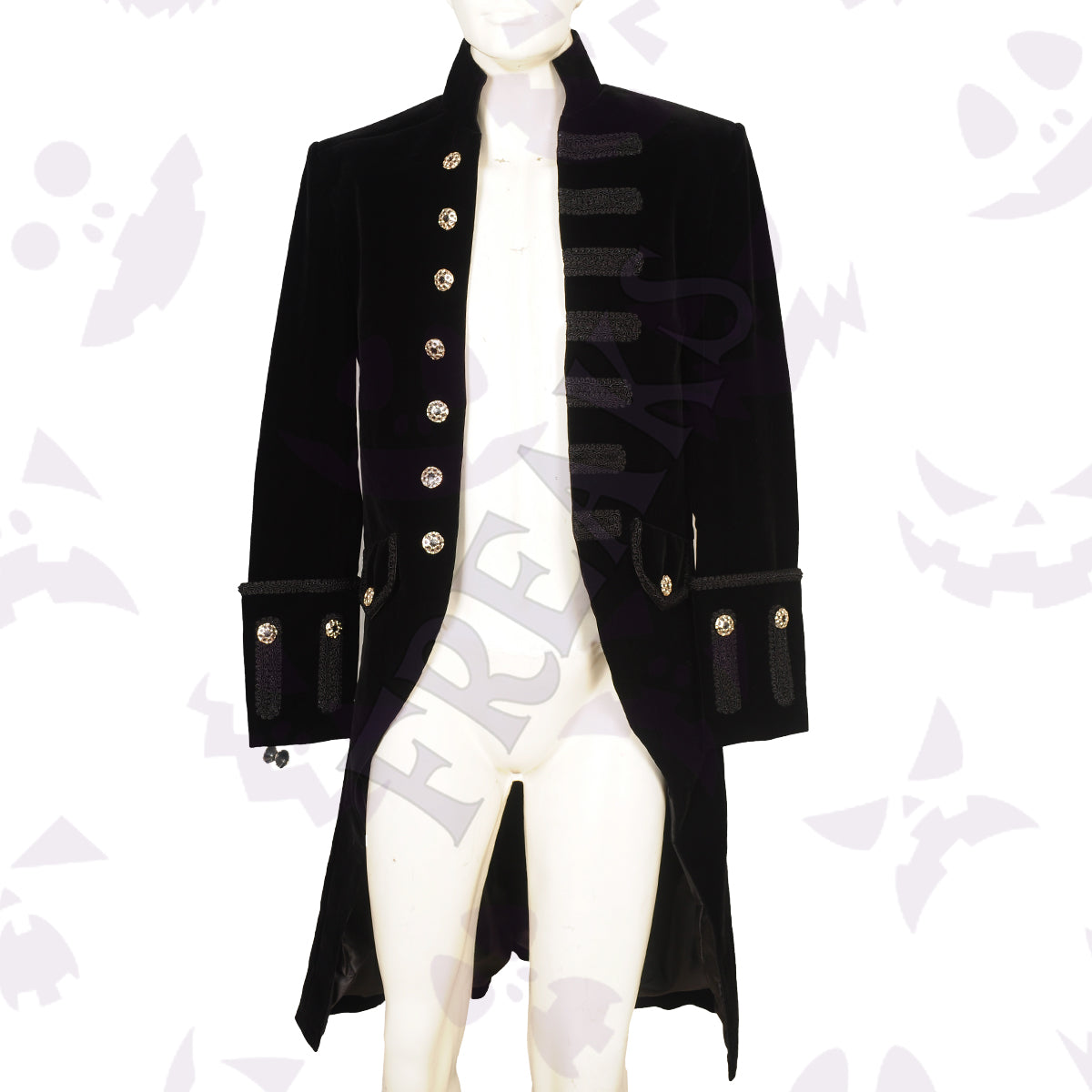 Black velvet pentagram Victorian tailcoat with a high collar, ornate silver buttons