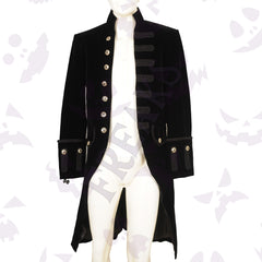 Black velvet pentagram Victorian tailcoat with a high collar, ornate silver buttons