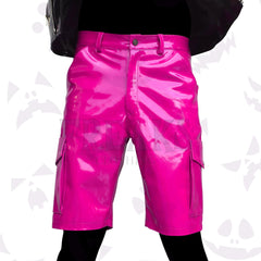 wet look glossy punk shorts for men in pink color