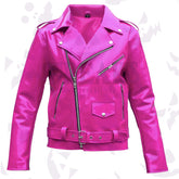 Pink glossy PVC moto jacket for women with an asymmetrical zipper, notched lapels, and belted waist