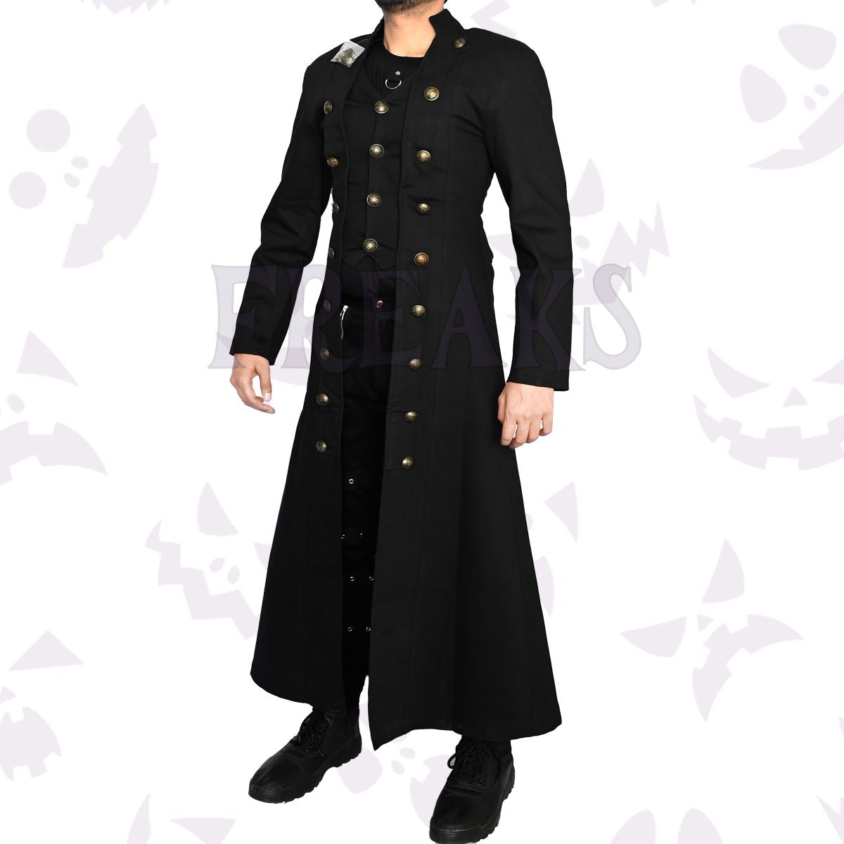 Pirates Long Double Breasted Coat with classic lapels and numerous antique brass buttons