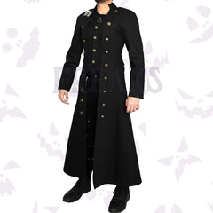 Pirates Long Double Breasted Coat with classic lapels and numerous antique brass buttons